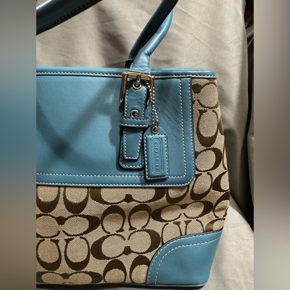 Coach Signature Canvas Tote with Blue Leather Trim - Picture 3 of 10